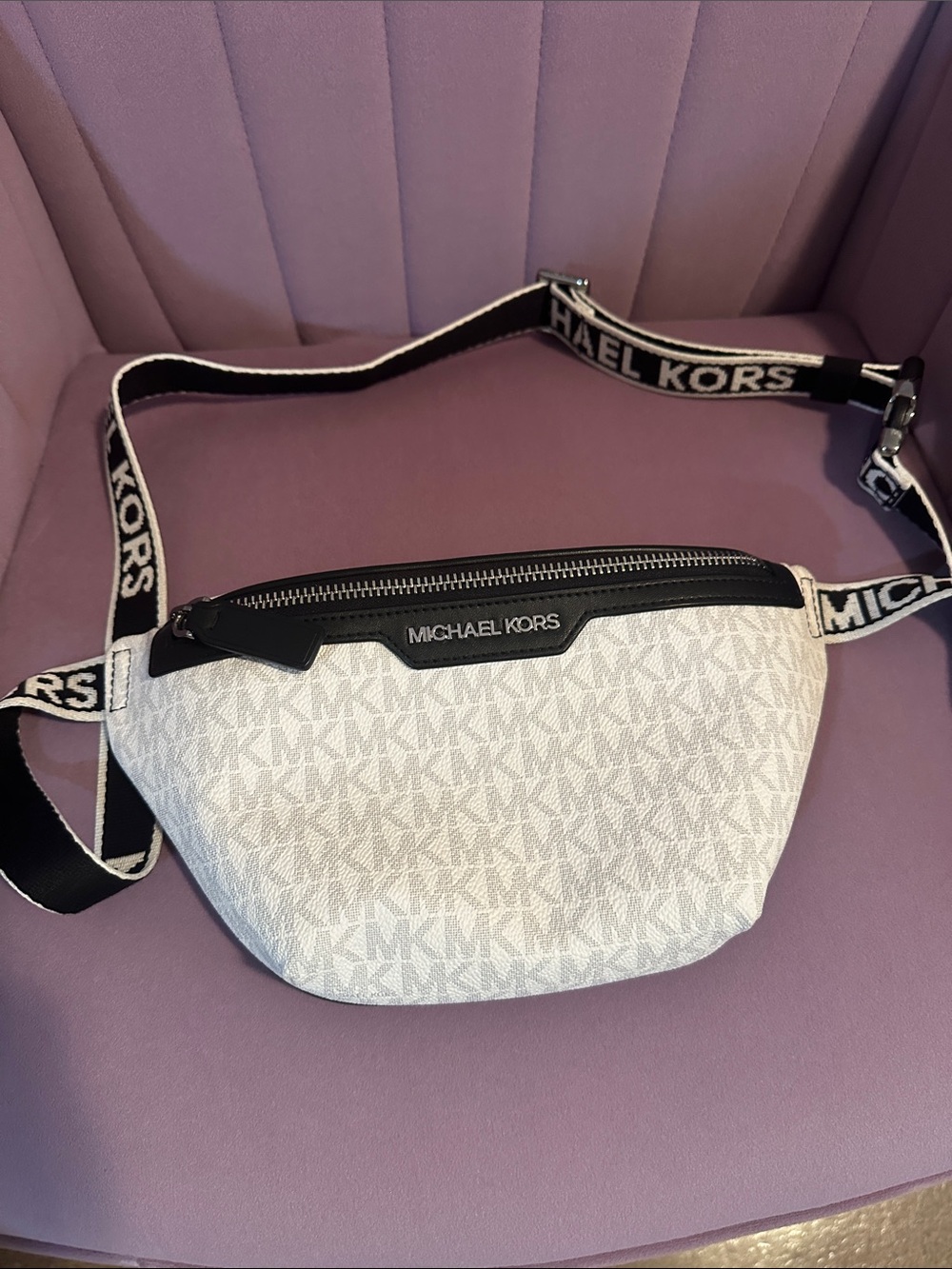 Michael Kors White Monogram Belt Bag with Black Trim